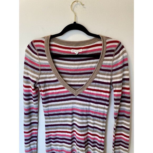 Aeropostale Y2K Striped Ribbed Sweater Top Womens Med V-neck Fitted Long Sleeve - Picture 2 of 9